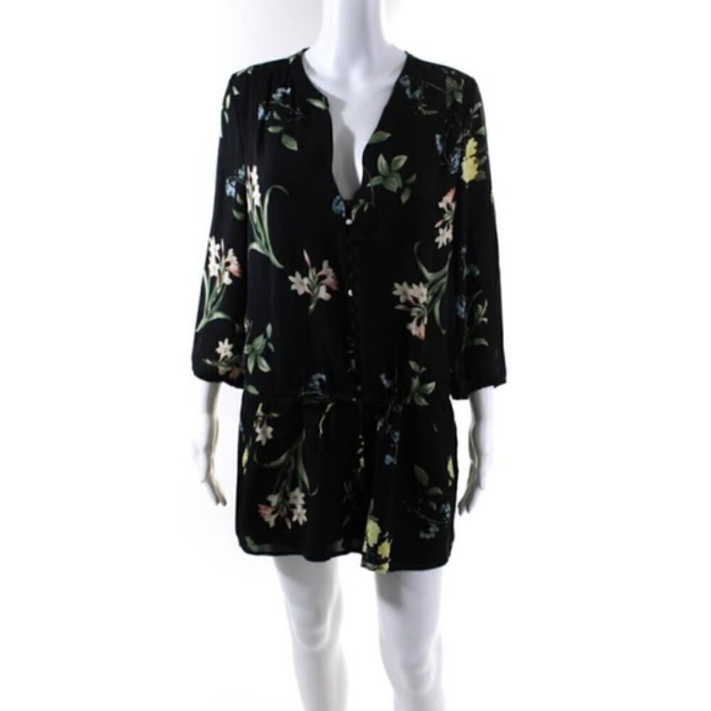 🆕 JOIE Y Neck Floral Long Sleeve Romper Black Green Yellow Floral Size Small